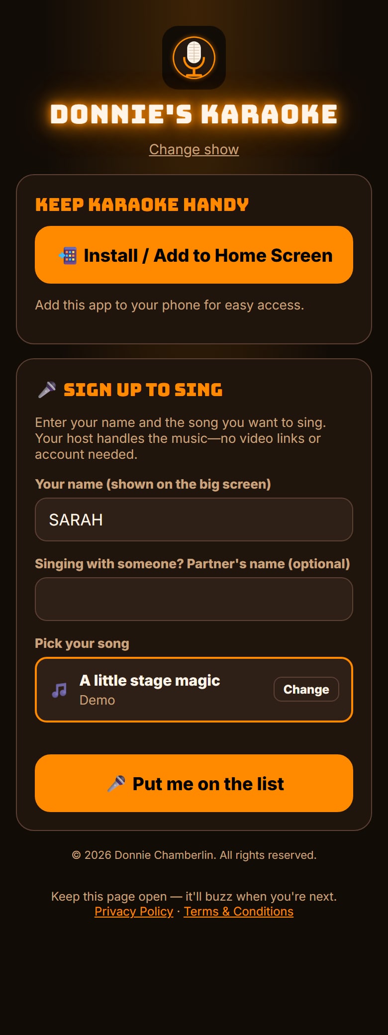 Real singer phone page: Sarah picks a song and enters her name without creating an account.