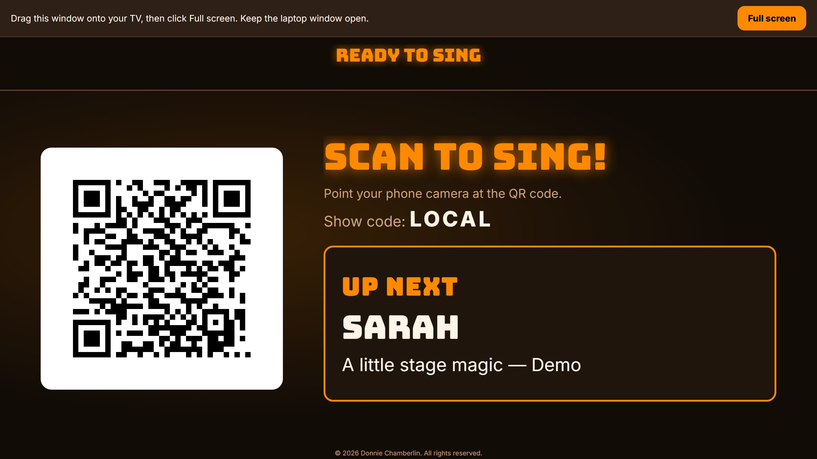 Real TV screen showing the Scan to Sing QR code and the next singers.